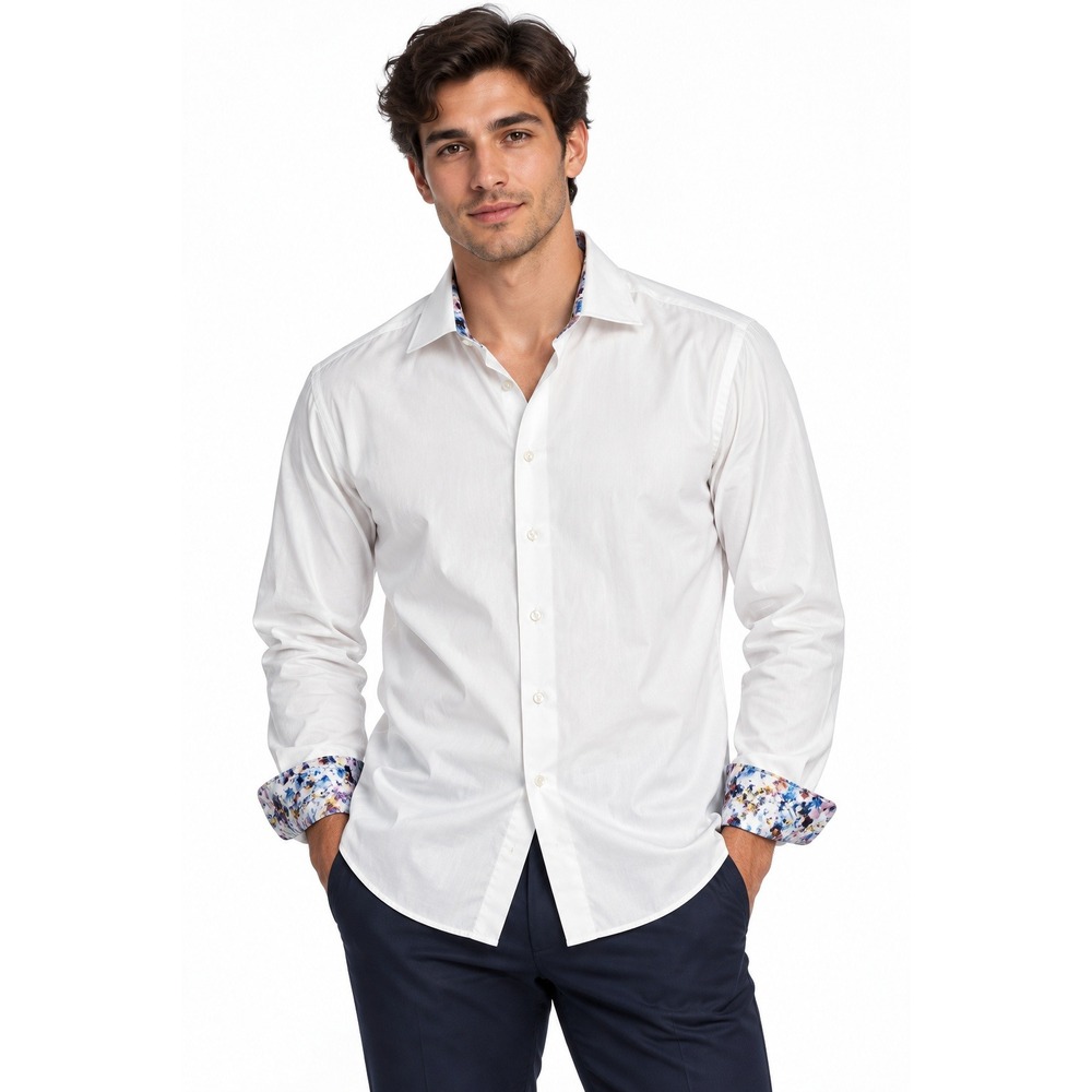 St Croix Made in Italy Cotton Dress Shirt L 16 16.5 White Floral Contrast Cuff